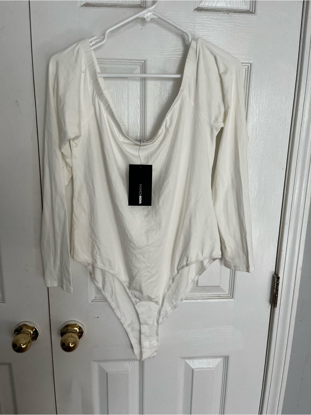 Fashion Nova Cream Scoop Neck Long Sleeve Bodysuit